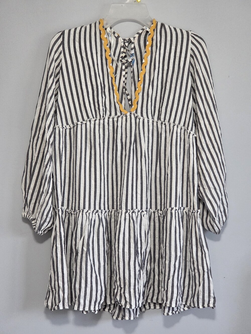 Blue Island Striped Blue + Yellow Ric Rac Trim Tie Neck Tiered Boho Size M